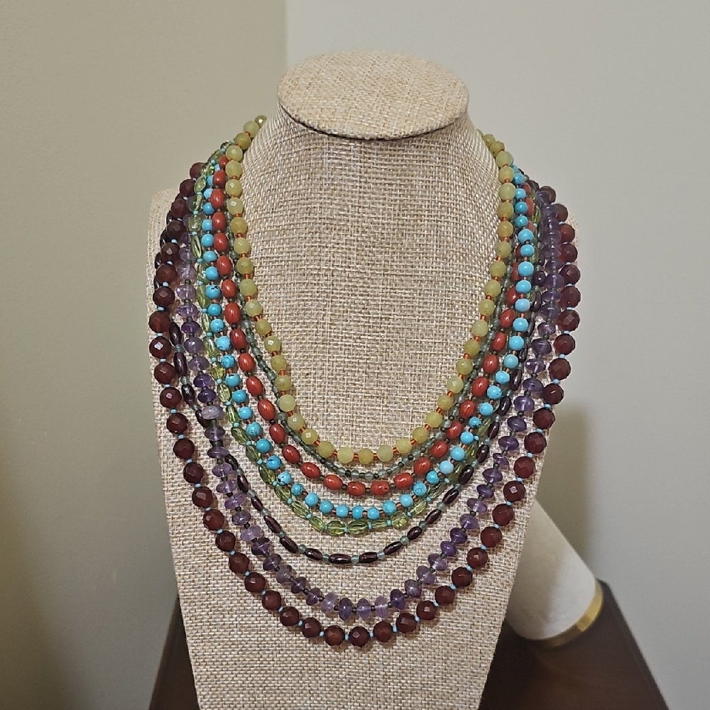 Red and Green Multi-Strand Necklace with Layered Design